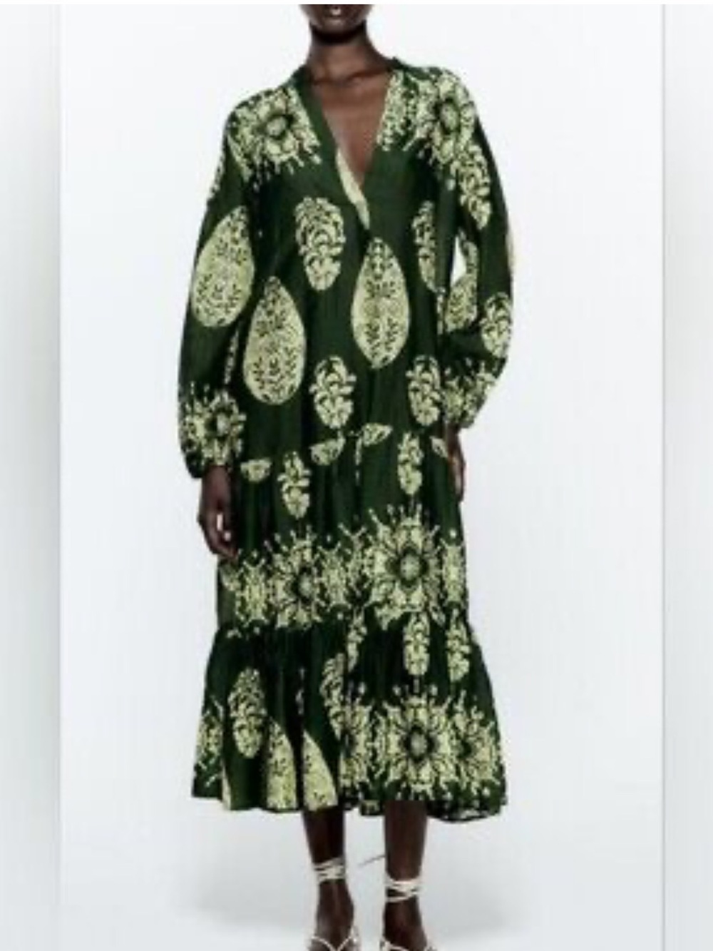 Zara green floral long sleeve cotton tiered midi  dress size large